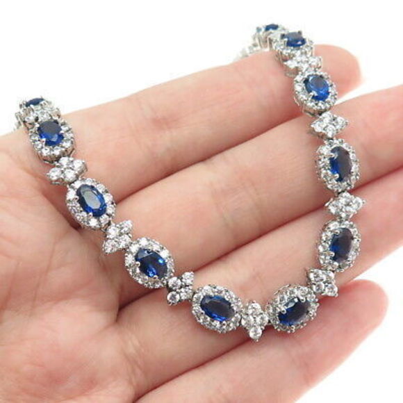 AMC Jewelry 925 Sterling Silver Blue & White C Z Bohemian Chain Necklace 16